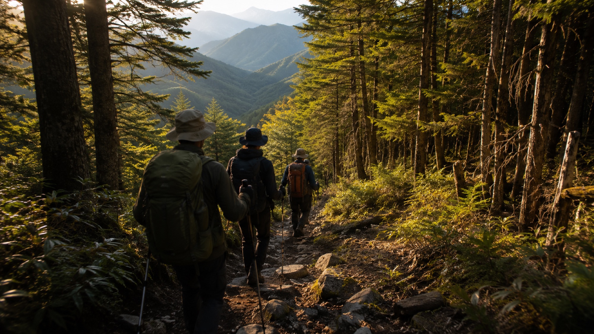 樹林帯を下山する登山者