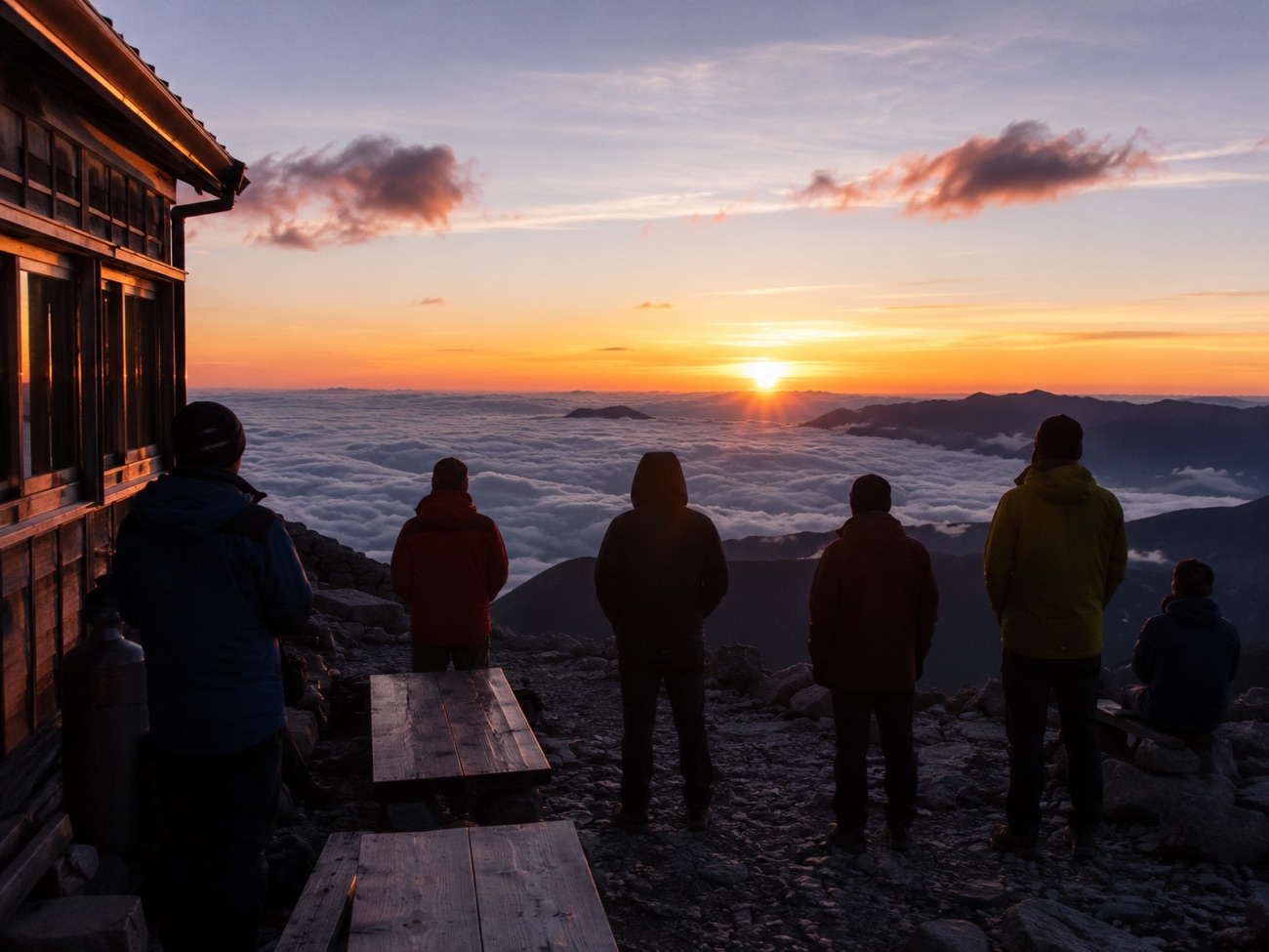 山小屋泊でご来光を待つ登山者
